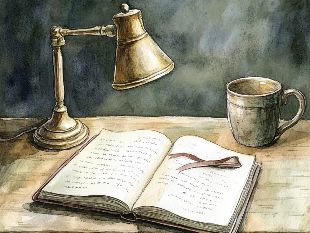 Bureau d'écrivain à la lumière dorée, carnet ouvert et roman relié